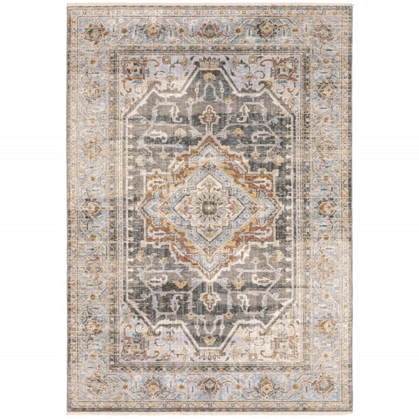 HomeRoots 10' Gray and Blue Medallion Distressed Area Rug - Vintage Charm for Family Rooms and Offices 7' X 10' Rectangle 388429