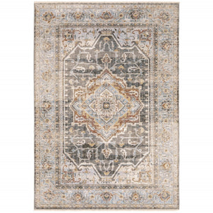 HomeRoots 10' Gray and Blue Medallion Distressed Area Rug - Vintage Charm for Family Rooms and Offices 7' X 10' Rectangle 388429