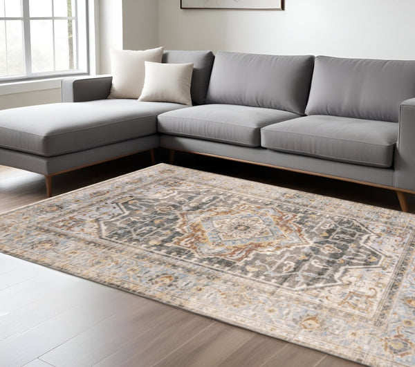 HomeRoots 10' Gray and Blue Medallion Distressed Area Rug - Vintage Charm for Family Rooms and Offices 7' X 10' Rectangle 388429