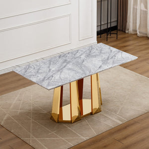 English Elm Marble Dining Table For 6-8, 70'' Rectangle Faux Marble Top With Gold Stainless Steel Base, Modern Elegance W3456S00012