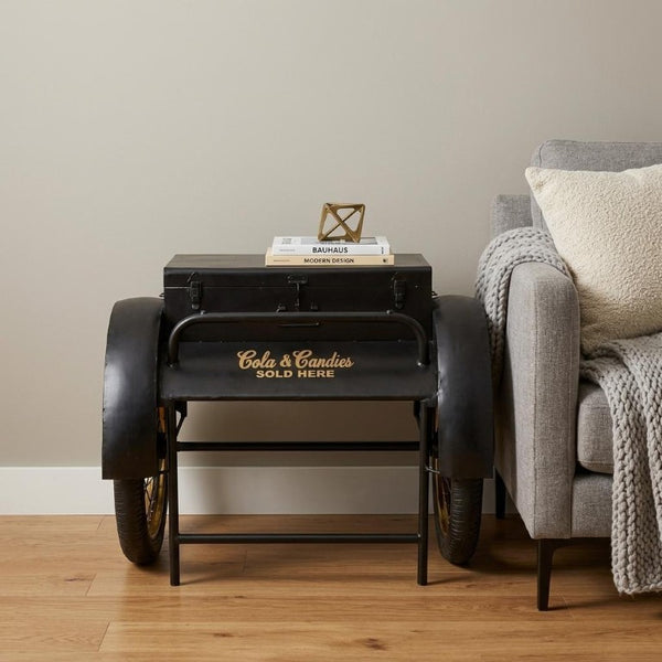 28 Inch Iron Wagon Wheel Accent Table with Rustic Distressed Trunk Storage
