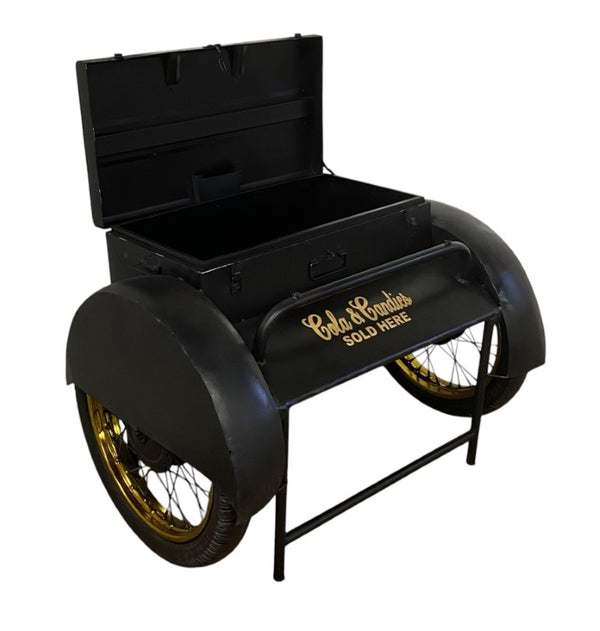 28 Inch Iron Wagon Wheel Accent Table with Rustic Distressed Trunk Storage