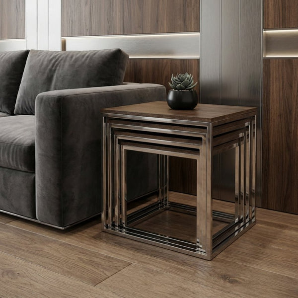 HomeRoots Set of 4 Modern Rustic Nesting Accent Tables - Stylish Acacia Wood & Stainless Steel Design for Any Space 388481