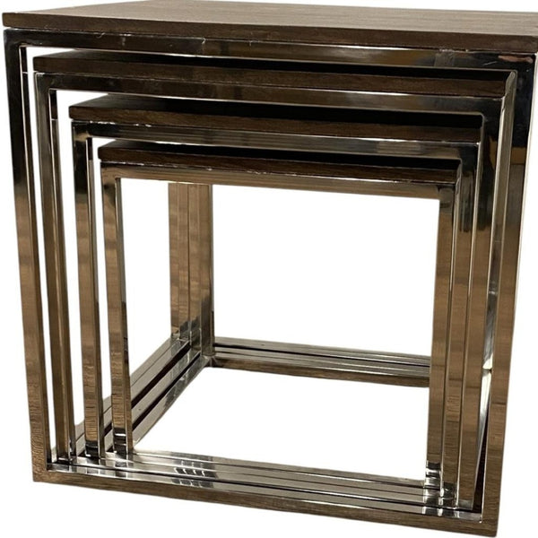 HomeRoots Set of 4 Modern Rustic Nesting Accent Tables - Stylish Acacia Wood & Stainless Steel Design for Any Space 388481