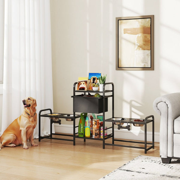 English Elm Pawhut Elevated Dual Feeding Station Steel Frame Adjustable Height with Storage Drawer W2225P485640