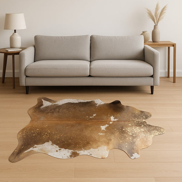 HomeRoots 6' Brown and White Cowhide Area Rug – Rustic Elegance, Unique Pattern, Soft Texture for Cozy Spaces 388525