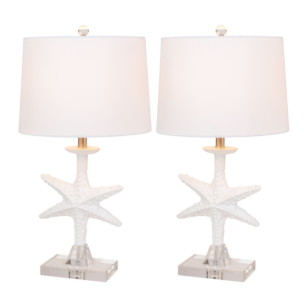 Homeroots Set Of Two 28" Clear And White Coastal Star Fish Table Lamps Coastal With White Drum Shades   388552