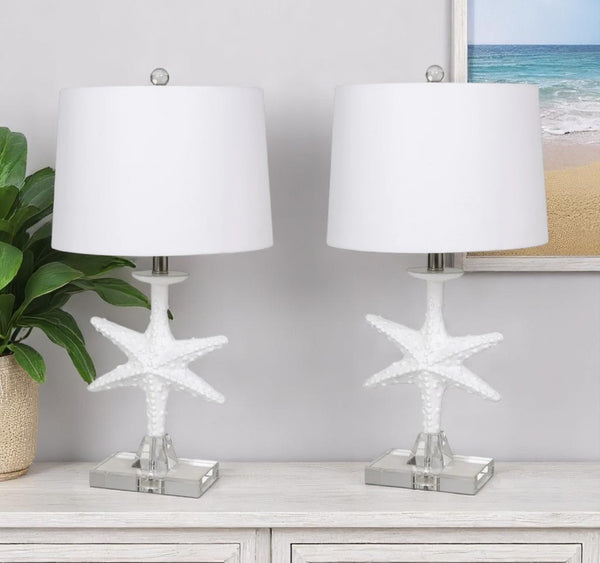 HomeRoots Set of Two 28" Coastal Starfish Table Lamps with White Drum Shades for Beachy Home Decor Bliss 388552