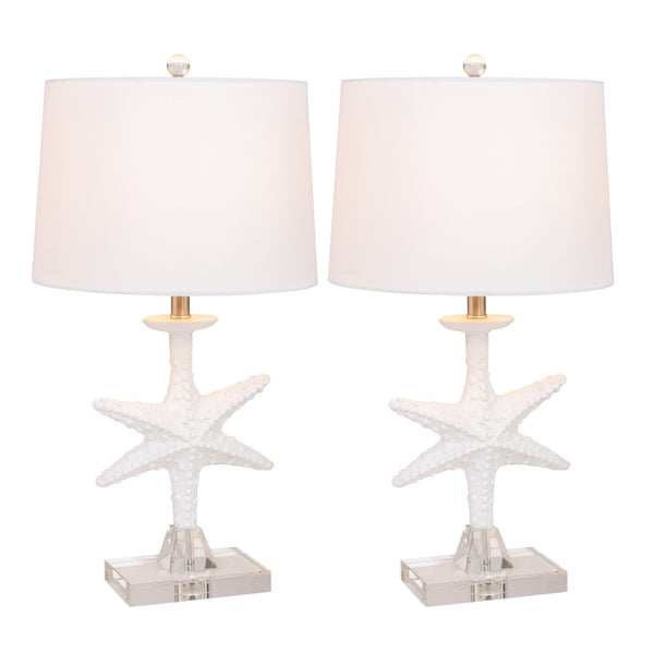 Homeroots Set Of Two 28" Clear And White Coastal Star Fish Table Lamps Coastal With White Drum Shades   388552