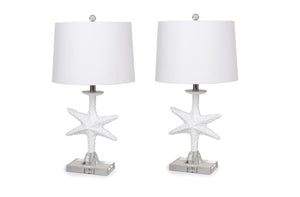 Homeroots Set Of Two 28" Clear And White Coastal Star Fish Table Lamps Coastal With White Drum Shades   388552