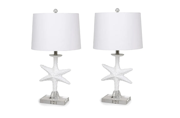 Homeroots Set Of Two 28" Clear And White Coastal Star Fish Table Lamps Coastal With White Drum Shades   388552