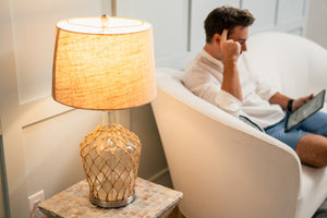 HomeRoots Set of Two 28" Light Blue & Silver Coastal Table Lamps with Bubble Glass and Rope Detailing 388553