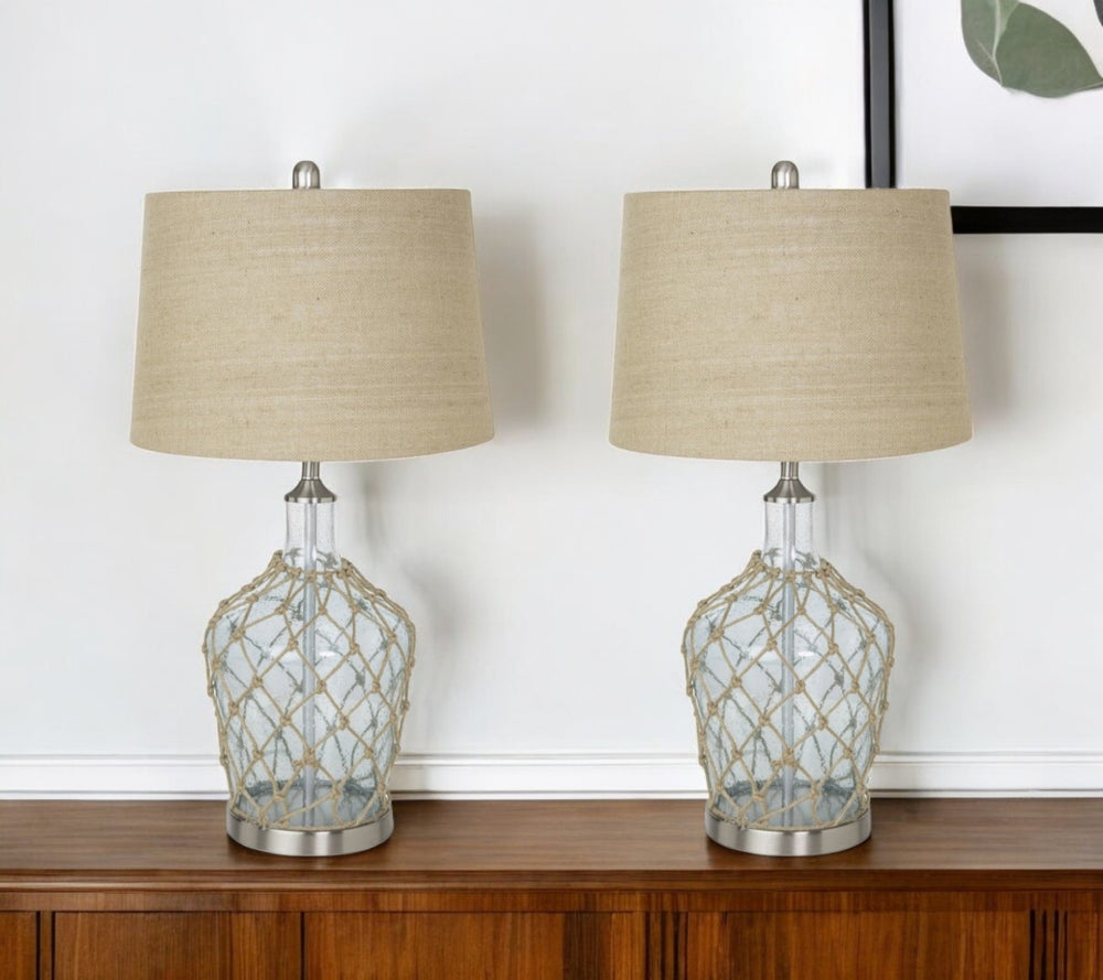 HomeRoots Set of Two 28" Light Blue & Silver Coastal Table Lamps with Bubble Glass and Rope Detailing 388553