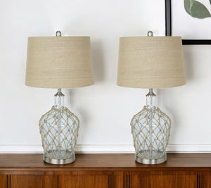 HomeRoots Set of Two 28" Light Blue & Silver Coastal Table Lamps with Bubble Glass and Rope Detailing 388553