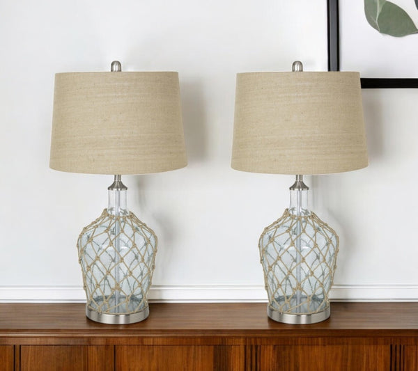 HomeRoots Set of Two 28" Light Blue & Silver Coastal Table Lamps with Bubble Glass and Rope Detailing 388553