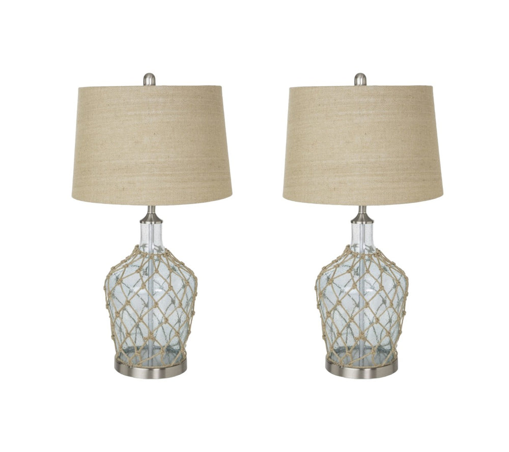 HomeRoots Set of Two 28" Light Blue & Silver Coastal Table Lamps with Bubble Glass and Rope Detailing 388553