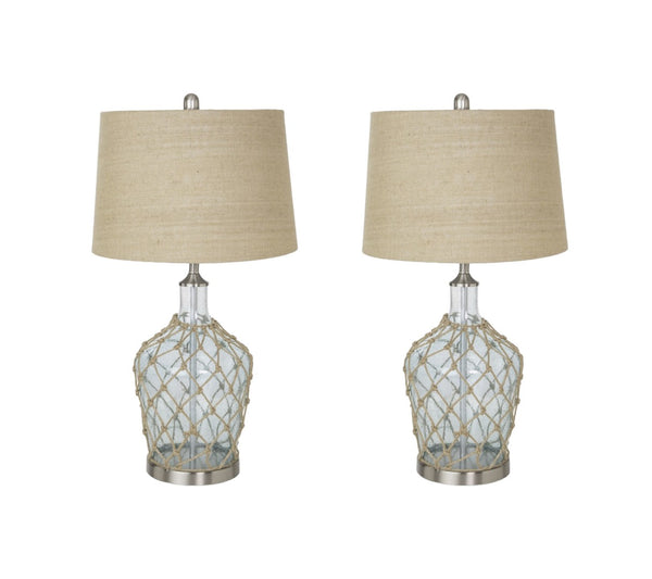 HomeRoots Set of Two 28" Light Blue & Silver Coastal Table Lamps with Bubble Glass and Rope Detailing 388553