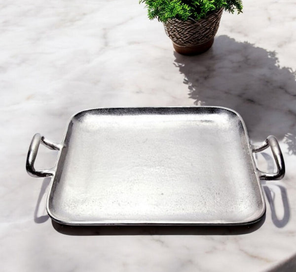 Homeroots 17" Silver Square Stainless Steel Indoor Outdoor Tray With Handles   388578
