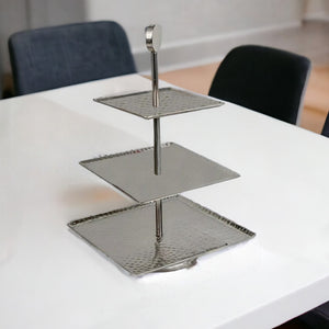 Homeroots 14" Silver Square Stainless Steel Hammered Three Tier Tray   388586