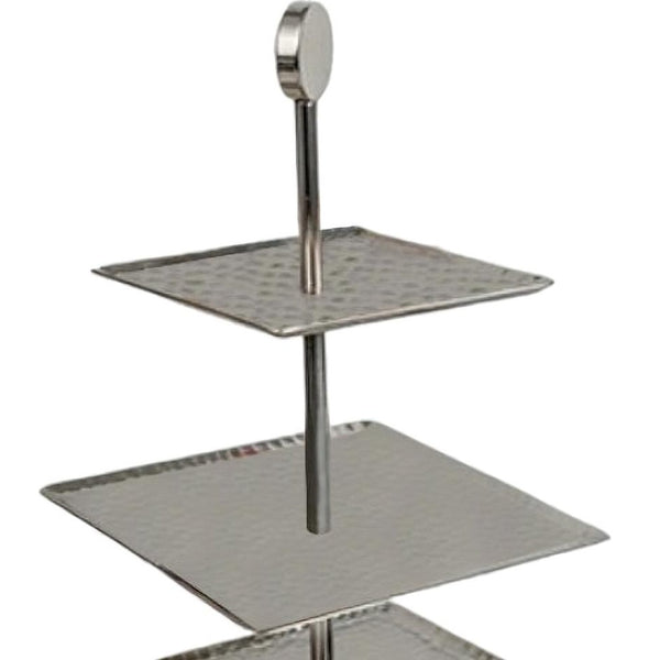 Homeroots 14" Silver Square Stainless Steel Hammered Three Tier Tray   388586