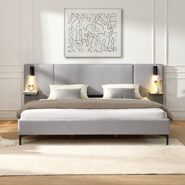English Elm Christopher Knight Home® - Chic Linen Upholstered Bed With Integrated Lighting & Shelves, Grey, King - Modern Comfort & Style N769P264788K