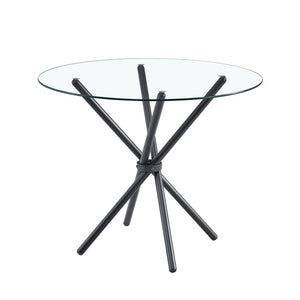 English Elm A Round Tempered Glass Dining Table with Sculptural Black Metal Legs for Modern Spaces W1151P411356
