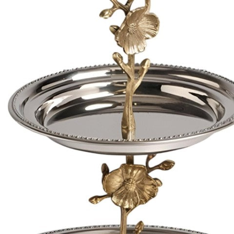 Homeroots 10" Silver Round Stainless Steel Decorative Serving Stand With Handles - Elegant Two-tier Design   388602