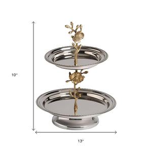 Homeroots 10" Silver Round Stainless Steel Decorative Serving Stand With Handles - Elegant Two-tier Design   388602