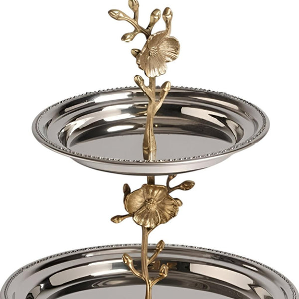 Homeroots 10" Silver Round Stainless Steel Decorative Serving Stand With Handles - Elegant Two-tier Design   388602