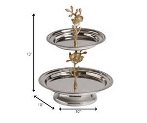 Homeroots 10" Silver Round Stainless Steel Decorative Serving Stand With Handles - Elegant Two-tier Design   388602