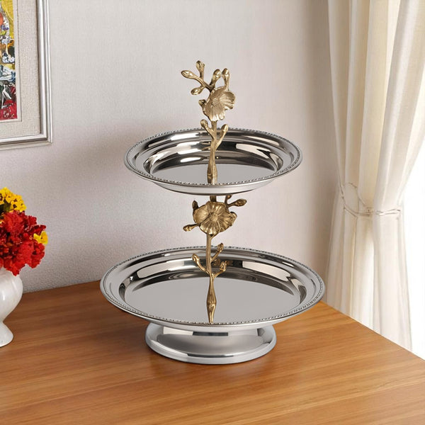 Homeroots 10" Silver Round Stainless Steel Decorative Serving Stand With Handles - Elegant Two-tier Design   388602