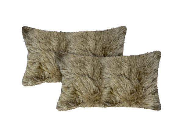 Homeroots Set Of Two 12" X 20" Taupe Sheepskin Lumbar Throw Pillows   388612