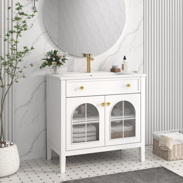English Elm 35.6" Freestanding Bathroom Vanity with Roman Column Base and Ceramic Integrated Sink White W1801S00001
