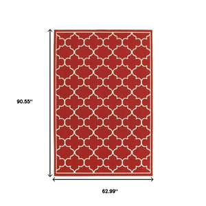 HomeRoots 5' Red and Ivory Indoor/Outdoor Area Rug – Durable, Weather-Resistant Design for Any Space 5'3" x 7'6" 388661