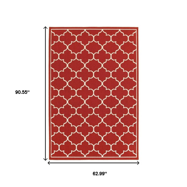 HomeRoots 5' Red and Ivory Indoor/Outdoor Area Rug – Durable, Weather-Resistant Design for Any Space 5'3" x 7'6" 388661