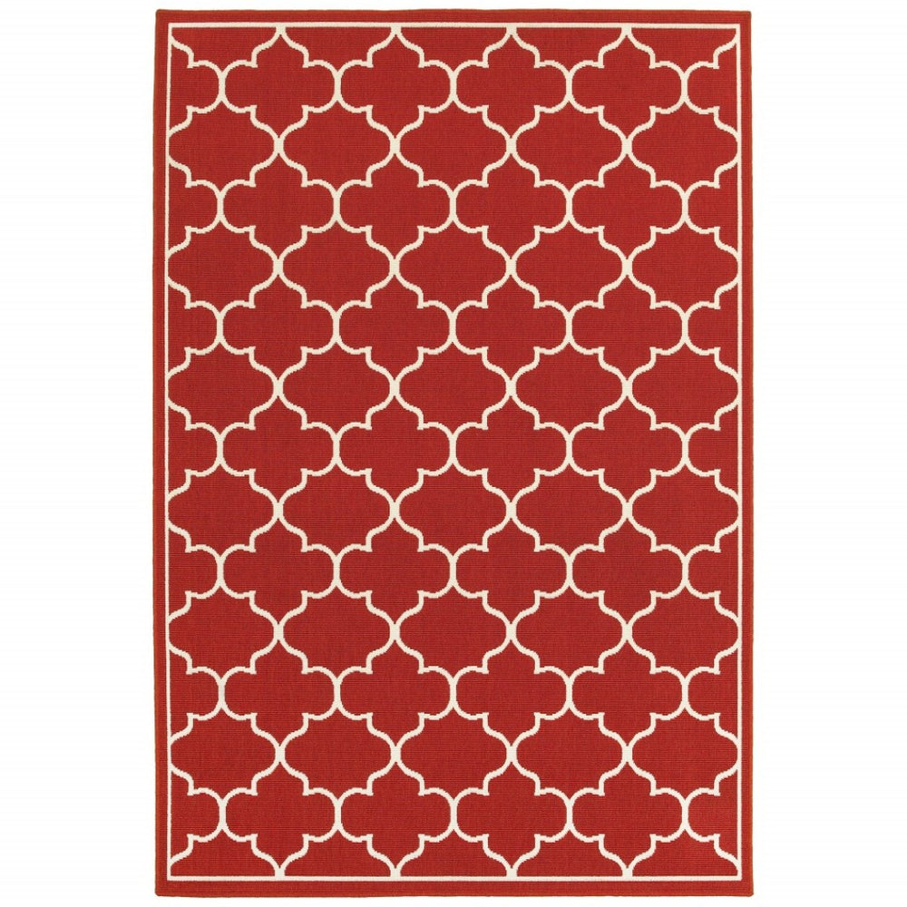 HomeRoots 5' Red and Ivory Indoor/Outdoor Area Rug – Durable, Weather-Resistant Design for Any Space 6'7" x 9'6" 388662