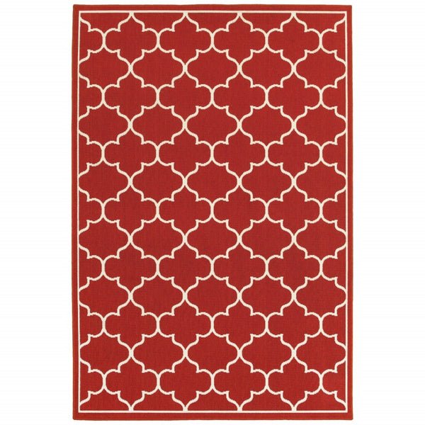 HomeRoots 5' Red and Ivory Indoor/Outdoor Area Rug – Durable, Weather-Resistant Design for Any Space 6'7" x 9'6" 388662