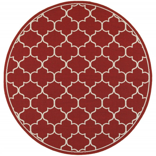 HomeRoots 5' Red and Ivory Indoor/Outdoor Area Rug – Durable, Weather-Resistant Design for Any Space 7'10" Round 388664