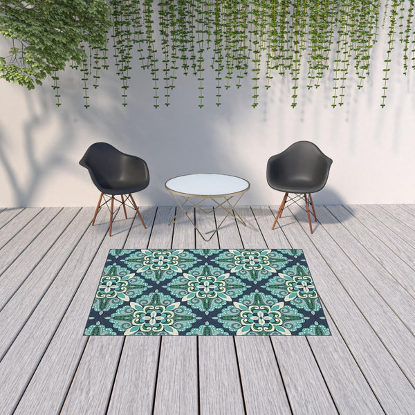 HomeRoots 5' Indoor Outdoor Area Rug - Vibrant Blue and Green, Water-Resistant, Easy-Care for High-Traffic Spaces 5'3" x 7'6" 388668