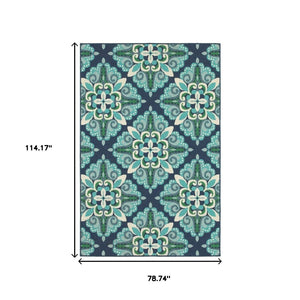 HomeRoots 5' Indoor Outdoor Area Rug - Vibrant Blue and Green, Water-Resistant, Easy-Care for High-Traffic Spaces 6'7" x 9'6" 388669