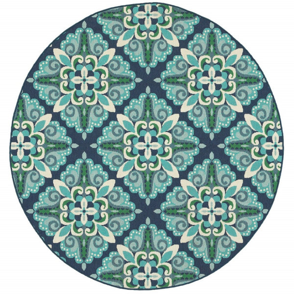 HomeRoots 5' Indoor Outdoor Area Rug - Vibrant Blue and Green, Water-Resistant, Easy-Care for High-Traffic Spaces 7'10" Round 388671