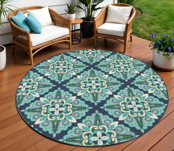 HomeRoots 5' Indoor Outdoor Area Rug - Vibrant Blue and Green, Water-Resistant, Easy-Care for High-Traffic Spaces 7'10" Round 388671