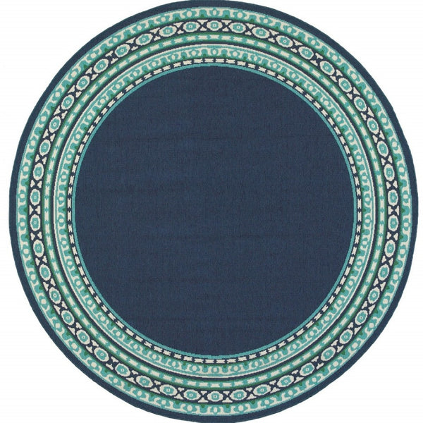 HomeRoots 5' Indoor Outdoor Area Rug in Bold Blue and Green - Stylish Geometric Design for Versatile Spaces 7'10" Round 388678