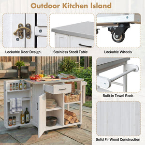 English Elm Foldable Outdoor Kitchen Cart with Stainless Worktop Fir Wood Frame and Lockable Wheels White N719P380278K