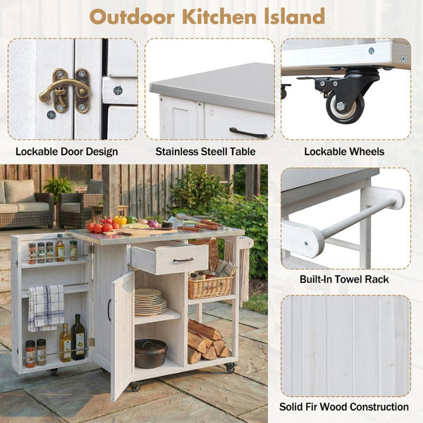English Elm Foldable Outdoor Kitchen Cart with Stainless Worktop Fir Wood Frame and Lockable Wheels White N719P380278K