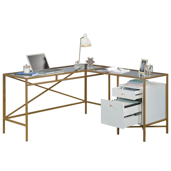 English Elm L-Shaped Desk With Elegant White Finish & Gold Accents - Spacious, Stylish, Multifunctional Workspace B356P367736