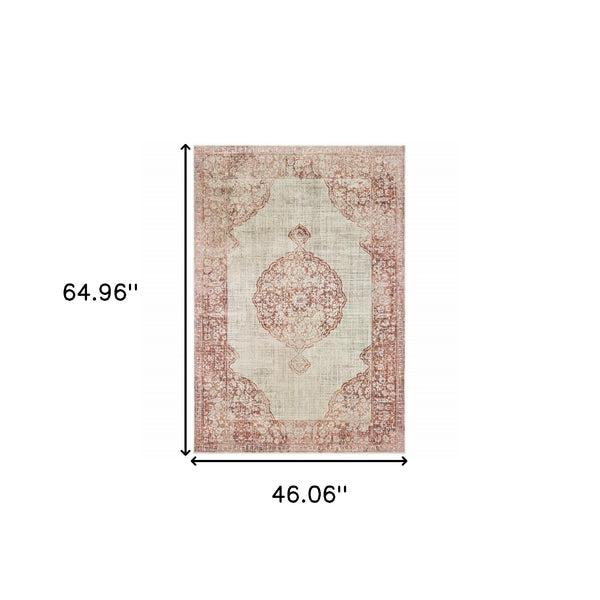 Homeroots 4' X 6' Ivory And Pink Medallion Area Rug Ivory,Pink Polypropylene 388723