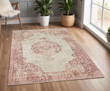 Homeroots 4' X 6' Ivory And Pink Medallion Area Rug Ivory,Pink Polypropylene 388723