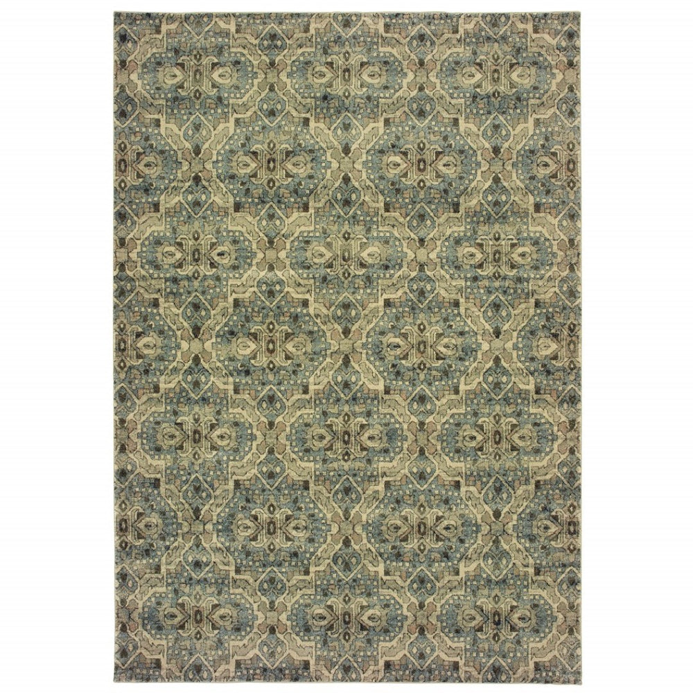 HomeRoots 10' Ivory and Blue Geometric Area Rug - Boho-Moroccan Style, Soft, Stain-Resistant, Durable Design 10' X 13' 388733