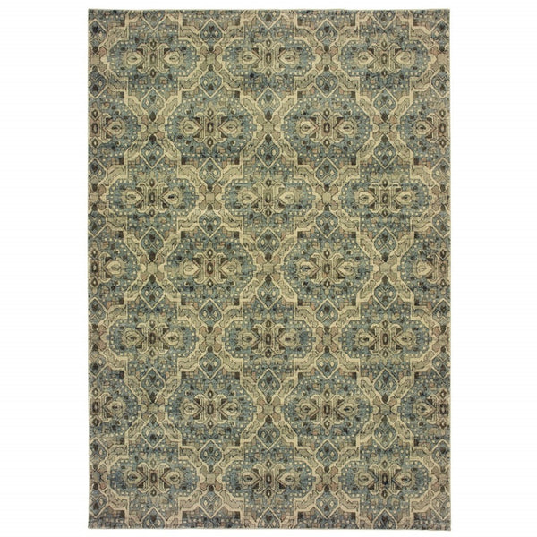 HomeRoots 10' Ivory and Blue Geometric Area Rug - Boho-Moroccan Style, Soft, Stain-Resistant, Durable Design 10' X 13' 388733